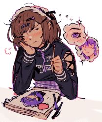 Rule 34 | 1girl, asahina mafuyu, black shirt, brown eyes, brown hair, closed mouth, clothing cutout, commentary, cross-laced clothes, cross-laced cutout, cross-laced sleeves, danny (squizoky), drawing, elbows on table, english commentary, eraser, frown, hair ornament, head rest, heart, heart hair ornament, holding, holding pencil, long sleeves, negai wa itsuka asa wo koete (project sekai), no eyes, official alternate costume, pen, pencil, plaid, plaid skirt, project sekai, purple eyes, purple hair, purple skirt, shinonome ena, shirt, short hair, shoulder cutout, simple background, sketchbook, skirt, solo, sparkle, swept bangs, thought bubble, unamused, upper body, white background, yami kawaii