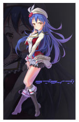 Rule 34 | 1girl, absurdres, black neckwear, blue hair, blush, boots, closed mouth, earrings, finger to cheek, frilled shirt collar, frills, full body, hair between eyes, hand on own thigh, hand up, hat, highres, index finger raised, jewelry, long hair, looking at viewer, love live!, love live! school idol project, skirt, smile, solo, sonoda umi, sore wa bokutachi no kiseki, stars (ssss50369), yellow eyes