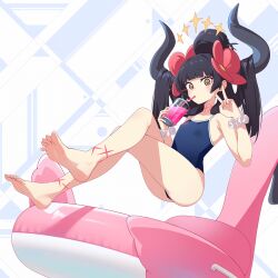 Rule 34 | 1girl, barefoot, black hair, diein (djmax), djmax, djmax respect, drinking straw, feet, horns, long hair, looking at viewer, one-piece swimsuit, soles, swimsuit, toes, twintails, v, yellow eyes