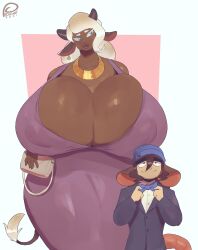 Rule 34 | 1boy, 1girl, animal ears, bow, bowtie, breasts, cleavage, covered erect nipples, cow ears, cow girl, cow horns, cow tail, cowboy shot, dark-skinned female, dark skin, dress, facing viewer, gigantic breasts, highres, horns, jewelry, mouse boy, mouse ears, mouse tail, mrpeculiart, neck ring, puffy nipples, purple dress, shorter male, size difference, smaller boy, tail, tall female, taller female, tuxedo