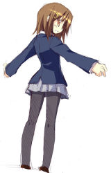 Rule 34 | 00s, 1girl, :d, black pantyhose, blazer, blue jacket, brown eyes, brown footwear, brown hair, female focus, from behind, full body, grey skirt, hair ornament, hairclip, hirasawa yui, jacket, k-on!, long sleeves, looking at viewer, looking back, miniskirt, open mouth, pantyhose, pleated skirt, profile, satou kibi, school uniform, shoes, simple background, sketch, skirt, smile, solo, standing, white background