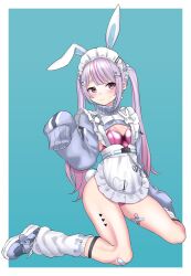Rule 34 | 1girl, absurdres, akkgsyk, alternate costume, animal ears, apron, bandaid, bandaid on knee, bandaid on leg, bandaid on thigh, blush, border, breasts, cleavage, closed mouth, cropped hoodie, drop earrings, earrings, edie crop hoodie, fake animal ears, grey hair, hair ornament, hairclip, highleg, highleg leotard, highres, hood, hoodie, jersey maid, jewelry, legs, leotard, long hair, long legs, long sleeves, looking at viewer, loose socks, maid, maid apron, maid headdress, meme attire, multicolored hair, multiple piercings, parted bangs, pink hair, pink leotard, playboy bunny, purple eyes, rabbit earrings, rabbit ears, rabbit hair ornament, rabbit tail, shiny clothes, shoes, simple background, sleeves past fingers, sleeves past wrists, small breasts, sneakers, socks, solo, strapless, strapless leotard, streaked hair, sweat, tail, thick eyebrows, thighs, tosaki mimi, twintails, unaligned ears, unconventional maid, virtual youtuber, vspo!, white border, white leg warmers