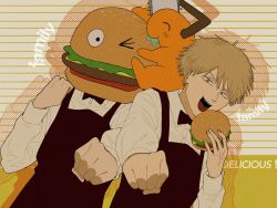 Rule 34 | 2boys, :3, apron, back-to-back, black apron, black neckwear, blonde hair, bow, bowtie, burger, buttons, chainsaw, chainsaw man, closed eyes, collared shirt, denji (chainsaw man), dog, english text, family burger mascot, fang, fangs, fist bump, food, hair between eyes, highres, holding, holding food, jeoth03k, long sleeves, looking at viewer, male focus, mask, multiple boys, open mouth, pale skin, pochita (chainsaw man), polka dot, polka dot background, saliva, sharp teeth, shirt, short hair, sleeves past elbows, striped, striped background, teeth, tongue, white shirt, yellow eyes