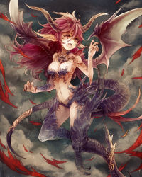 Rule 34 | 1girl, bare shoulders, claws, dragon, dragon girl, fang, horns, monster girl, nemu (isaya), original, red eyes, red hair, solo, tail, thighhighs, wings
