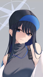 Rule 34 | 1girl, absurdres, bare shoulders, black hair, black headwear, black shirt, blue archive, blue eyes, breasts, commentary request, grey background, highres, large breasts, long hair, looking at viewer, off shoulder, parted lips, saori (blue archive), shirafuji ene, shirt, simple background, sleeveless, sleeveless shirt, solo, upper body, very long hair