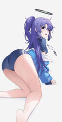 Rule 34 | 1girl, absurdres, all fours, ass, bare legs, barefoot, blue archive, blue buruma, blue jacket, blush, breasts, buruma, gym uniform, halo, highres, jacket, jacket partially removed, lanyard, long hair, long sleeves, looking at viewer, looking back, medium breasts, official alternate costume, open mouth, partially unzipped, ponytail, purple eyes, purple hair, shenqi xiao hong zai nali, simple background, solo, star sticker, sticker on face, sweat, track jacket, yuuka (blue archive), yuuka (track) (blue archive)