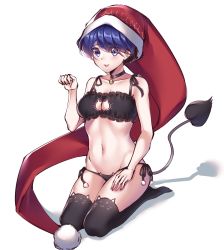 Rule 34 | 1girl, :d, animal ear legwear, bad id, bad pixiv id, bell, black bra, black choker, black panties, blue eyes, blue hair, blush, bra, breasts, cat cutout, cat ear legwear, cat ear panties, cat lingerie, choker, cleavage cutout, clothing cutout, dark jewel (gem oblivion), doremy sweet, drawstring, eyes visible through hair, full body, hand on lap, hat, highres, jingle bell, looking at viewer, medium breasts, meme attire, navel, neck bell, nightcap, open mouth, panties, paw pose, pom pom (clothes), short hair, side-tie panties, simple background, sitting, smile, solo, tail, tapir tail, thighhighs, touhou, underwear, underwear only, white background