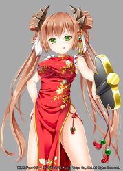 Rule 34 | 1girl, breasts, brown hair, china dress, chinese clothes, dress, floral print, flower, green eyes, hair ornament, hakuda tofu, hand fan, hand on own hip, highres, holding, holding fan, horns, large breasts, official art, red dress, shinkai no valkyrie, spread legs