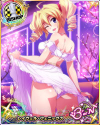Rule 34 | 1girl, ahoge, ass, bare shoulders, bishop (chess), blonde hair, blue eyes, breasts, card (medium), chess piece, clothes lift, cowboy shot, drill hair, hair between eyes, high school dxd, high school dxd born, lifted by self, looking at viewer, medium breasts, official art, one eye closed, open mouth, panties, ravel phenex, short sleeves, skirt, skirt lift, solo, standing, tongue, twin drills, underwear