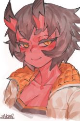 Rule 34 | 1girl, blush, breasts, brown hair, cleavage, closed mouth, collarbone, colored skin, grey jacket, jacket, kidouko (zakusi), large breasts, looking at viewer, oni, open clothes, open jacket, original, red oni, red skin, short hair, signature, simple background, smile, solo, upper body, white background, yellow eyes, zakusi