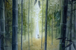 Rule 34 | 1girl, amber t, axe, back, bamboo, bamboo forest, black hair, female focus, forest, from behind, glowing, leaf, light particles, long hair, mushishi, nature, on ground, outdoors, painting (medium), plant, setsu (mushishi), sitting, solo, traditional media, tree, watercolor (medium), weapon