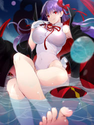 Rule 34 | 1girl, bare shoulders, bat wings, bb (fate), bb (fate) (all), bb (swimsuit mooncancer) (fate), bb (swimsuit mooncancer) (third ascension) (fate), black coat, breasts, coat, fate/grand order, fate (series), foreshortening, gloves, hair ribbon, highleg, highleg leotard, highres, large breasts, leotard, long hair, looking at viewer, neck ribbon, open clothes, open coat, popped collar, purple hair, red eyes, red ribbon, ribbon, smile, solo, thighs, tongue, tongue out, vane (vane0), very long hair, water, white gloves, white leotard, wings