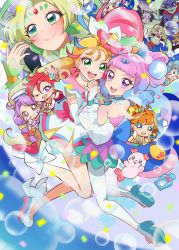 Rule 34 | 2boys, 6+girls, ;d, agnete (precure), ankle bow, ankle ribbon, back bow, bare legs, blonde hair, blue eyes, blue hair, blush, bow, brown eyes, brown hair, butler (precure), character request, chibi, choker, chongire, closed eyes, closed mouth, colored eyelashes, covering own mouth, cure coral, cure flamingo, cure la mer, cure oasis, cure papaya, cure summer, double bun, earrings, elda (precure), fingerless gloves, fingernails, flower, forehead jewel, full body, gloves, gradient hair, green eyes, green hair, hair bow, hair bun, hair flower, hair ornament, hand over own mouth, heart, heart in eye, highres, holding hands, ichinose minori, jewelry, kururun (precure), laura la mer, layered skirt, leaf earrings, leg ribbon, long hair, looking at viewer, magical girl, mamepote, mermaid queen (precure), mismatched eyelashes, monster girl, multicolored eyes, multicolored hair, multiple boys, multiple girls, natsuumi manatsu, numeri (precure), one eye closed, open mouth, pantyhose, pearl hair ornament, pink bow, pink eyes, pink hair, precure, purple eyes, purple hair, red hair, ribbon, seashell, shell, shoes, side ponytail, skirt, smile, suzumura sango, symbol in eye, takizawa asuka, triangle earrings, tropical-rouge! precure, white bow, white choker, white footwear, white gloves, white legwear, white skirt, yellow bow, yellow eyes, yellow gloves