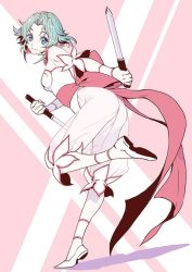 Rule 34 | 1girl, ankle cuffs, back bow, blue eyes, bow, closed mouth, commentary request, dagger, ellis (toushinden), full body, green hair, holding, holding dagger, holding knife, holding weapon, huge bow, knife, leotard, looking at viewer, ninagawa yaeko, parted bangs, pink background, pink bow, reverse grip, see-through, see-through sleeves, shoes, short hair, smile, solo, standing, standing on one leg, toushinden, weapon, white footwear, white leotard, wrist cuffs