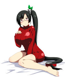 Rule 34 | 1girl, :o, barefoot, bed sheet, black hair, blazblue, breast suppress, breasts, full body, glasses, hair ornament, highres, huge breasts, impossible clothes, impossible sweater, kaname nagi, lao jiu, legs, lips, litchi faye ling, long hair, long sleeves, low-tied long hair, red eyes, ribbed sweater, semi-rimless eyewear, shiny clothes, side ponytail, simple background, sitting, solo, sweater, thighs, turtleneck, under-rim eyewear, very long hair, wariza, white background, yin yang