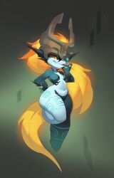Rule 34 | 1girl, :p, absurdres, blue skin, breasts, closed mouth, colored skin, demon girl, fingerless gloves, gloves, glowing, glowing hair, hand on own hip, hand up, helmet, highres, looking at viewer, midna, navel, nintendo, one eye covered, orange hair, pointy ears, red eyes, roxy thefoxy, smile, solo, the legend of zelda, the legend of zelda: twilight princess, thighs, tongue, tongue out, wide hips