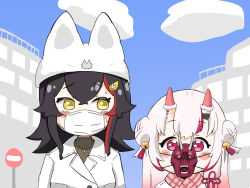 Rule 34 | 2girls, animal ears, bell, black hair, city, double bun, hair bell, hair bun, hair ornament, hat, hololive, horn warmers, horns, kani bonara, mask, mouth mask, multiple girls, nakiri ayame, oni mask, ookami mio, red eyes, road sign, sign, skin-covered horns, stop sign, surgical mask, virtual youtuber, white hair, yellow eyes, you&#039;re doing it wrong