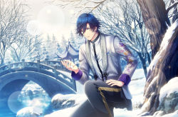 Rule 34 | 1boy, architecture, bare tree, black pants, blue eyes, blue hair, bridge, dragon print, dutch angle, earrings, east asian architecture, embroidery, feet out of frame, flower knot, game cg, grey jacket, hair between eyes, hand on own thigh, highres, ichinose tokiya, jacket, jewelry, lens flare, light particles, long sleeves, looking at hand, looking down, male focus, official art, on one knee, outdoors, pants, parted lips, rock, shirt, short hair, single earring, snow, snow in hand, snowflake print, solo, striped clothes, striped shirt, tassel, tassel earrings, third-party source, tree, uta no prince-sama, uta no prince-sama: shining live, water, white shirt, winter