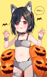 Rule 34 | 1girl, :d, animal, animal ear fluff, animal ears, bare shoulders, bat (animal), bell, bikini, black choker, black hair, choker, commentary, cowboy shot, eyes visible through hair, fang, fur bikini, gao, grey bikini, hair over one eye, hands up, highres, jack-o&#039;-lantern, jingle bell, looking at viewer, meito (maze), navel, neck bell, open mouth, original, red eyes, simple background, smile, solo, standing, swimsuit, symbol-only commentary, tail, yellow background