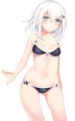 Rule 34 | 1girl, bare shoulders, bikini, black bikini, blush, breasts, collarbone, cowboy shot, eyes visible through hair, front-tie bikini top, front-tie top, frown, gluteal fold, hair between eyes, hair ornament, hairclip, highres, looking at viewer, navel, original, otokuyou, ringo-chan (otokuyou), short hair, simple background, small breasts, solo, stomach, swimsuit, white background, white hair