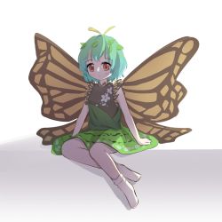 Rule 34 | 1girl, antennae, arm support, bare shoulders, blue hair, bobby socks, butterfly wings, closed mouth, dress, eternity larva, expressionless, full body, green dress, hair ornament, highres, insect wings, lbcirno9, leaf hair ornament, looking at viewer, orange eyes, short hair, simple background, socks, solo, touhou, white background, white socks, wings