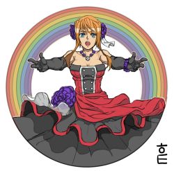 Rule 34 | 10s, 1girl, aqua eyes, bare shoulders, breasts, cleavage, dress, elbow gloves, female focus, flower, frills, gloves, highres, jewelry, long hair, necklace, nike remercier, open mouth, orange hair, peagunz, rainbow, solo, soredemo sekai wa utsukushii