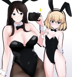 Rule 34 | 2girls, amogan, animal ears, black bow, black bowtie, blonde hair, blue eyes, blush, bow, bowtie, breasts, brown hair, brown pantyhose, camera, chinese zodiac, cleavage, closed mouth, fake animal ears, fake tail, girls und panzer, highres, katyusha (girls und panzer), large breasts, leotard, long hair, multiple girls, nonna (girls und panzer), pantyhose, playboy bunny, rabbit ears, rabbit tail, shiny skin, simple background, tail, white background, year of the rabbit