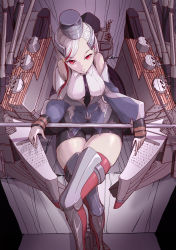 Rule 34 | 1girl, black necktie, black shorts, blonde hair, boushi-ya, breasts, cannon, crossed legs, grey jacket, jacket, kantai collection, large breasts, long hair, massachusetts (kancolle), mast, military, military uniform, multicolored hair, necktie, polearm, red eyes, red hair, shorts, sitting, solo, streaked hair, thighhighs, turret, uniform, weapon