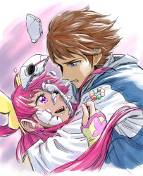 Rule 34 | 1boy, 1girl, :d, animal print, blue eyes, blue vest, brown hair, butterfly hair ornament, butterfly print, clenched teeth, close-up, coco (yes! precure 5), cure dream, floating hair, four-leaf clover earrings, from side, hair ornament, hair rings, highres, holding, hug, itou shin&#039;ichi, kokoda kouji, long hair, looking at another, mask, open mouth, pink eyes, pink hair, precure, serious, shattered, shirt, sketch, sleeves pushed up, smile, teeth, upper body, vest, white shirt, yellow sleeves, yes! precure 5, yumehara nozomi