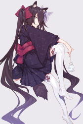 Rule 34 | 1girl, animal ear fluff, animal ears, bag, black hair, black kimono, bow, closed mouth, expressionless, fifuth, floral print kimono, grey background, hair bow, hair over one eye, highres, holding, holding bag, invisible chair, japanese clothes, kimono, knee up, leg ribbon, legs, long hair, mask, mask on head, obi, original, purple eyes, red bow, red ribbon, red sash, ribbon, sash, simple background, sitting, solo, tail, thigh ribbon, thighhighs, twintails, very long hair, white thighhighs, yukata