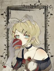 Rule 34 | 25-ji rin, apple, bad id, bad pixiv id, bare shoulders, bitten apple, blonde hair, blush, bow, brooch, choker, collarbone, colored eyelashes, eating, elbow gloves, flat chest, food, food bite, fruit, fruit brooch, gem, gloves, grey bow, grey gloves, hair bow, half-closed eyes, heart, heart brooch, heart choker, highres, holding, holding food, holding fruit, jewelry, juliet sleeves, kagamine rin, long sleeves, looking at viewer, maca1227, muted color, pale skin, pearl (gemstone), puffy sleeves, snow white, solo, tareme, vocaloid