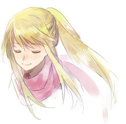 Rule 34 | 1girl, blonde hair, closed eyes, floating hair, fullmetal alchemist, long hair, lowres, pink scarf, ponytail, riru, scarf, simple background, smile, solo, solo focus, white background, winry rockbell