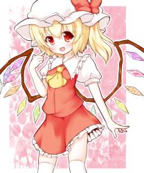 Rule 34 | 1girl, ascot, bad id, bad pixiv id, blonde hair, blush, embodiment of scarlet devil, fang, female focus, flandre scarlet, hat, inanosuke, open mouth, pointing, red eyes, side ponytail, smile, solo, sugiyuu, thighhighs, toosaka asagi, touhou, white thighhighs, wings