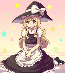 Rule 34 | 1girl, apron, blonde hair, blush, braid, dress, female focus, full body, hat, kimarin, kirisame marisa, looking at viewer, mary janes, own hands together, puffy short sleeves, puffy sleeves, shoes, short sleeves, single braid, sitting, socks, solo, star (symbol), touhou, waist apron, white socks, witch, witch hat