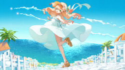 Rule 34 | 1girl, dress, from behind, green eyes, hat, hololive, looking at viewer, momosuzu nene, ocean, open mouth, orange hair, potg (piotegu), railing, sandals, scenery, sky, solo, straw hat, town, virtual youtuber, white dress