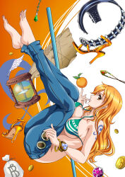 Rule 34 | 1girl, arm tattoo, ass, barefoot, bikini, bikini top only, blue pants, bracelet, breasts, brown eyes, coin, denim, earrings, feet, food, fruit, full body, gem, gold coin, high heels, highres, jeans, jewelry, large breasts, log pose, long hair, map, money bag, nami (one piece), one piece, orange (fruit), orange hair, pants, pearl earrings, pendant, quill, rider (orange couture), shell casing, shoes, solo, swimsuit, tattoo, toes, unworn shoes