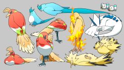 Rule 34 | articuno, bird, closed mouth, commentary request, creatures (company), closed eyes, fire, game freak, gen 1 pokemon, gen 2 pokemon, gen 3 pokemon, grey background, highres, ho-oh, komepan, legendary pokemon, lugia, lying, moltres, nintendo, no humans, on back, on stomach, pokemon, pokemon (creature), simple background, standing, standing on one leg, talons, wingull, zapdos