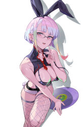 Rule 34 | 1girl, absurdres, alternate costume, animal ears, bare shoulders, bespectacled, bigroll, black leotard, blunt bangs, blush, breasts, commentary, cyberpunk (series), cyberpunk edgerunners, earrings, finger to face, fishnet thighhighs, fishnets, glasses, highres, index finger raised, jewelry, large breasts, leotard, long hair, looking at viewer, lucy (cyberpunk), necktie, parted lips, playboy bunny, rabbit ears, rabbit tail, simple background, smile, solo, symbol-only commentary, tail, thighhighs, white background