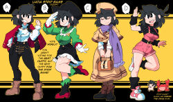 Rule 34 | 1girl, black footwear, black hair, black headwear, black pants, black shirt, black skirt, black socks, boots, brown capelet, brown footwear, brown headwear, brown skirt, brown socks, capelet, censored, crab, english text, green footwear, green shirt, hand on own hip, hand up, hat, highres, jacket, leg up, long skirt, long sleeves, lucia (scott malin), medium hair, meme, multicolored footwear, multiple views, nude, open mouth, original, overall shorts, overalls, pants, pink footwear, pink overalls, pink shorts, print shirt, purple scarf, red footwear, red jacket, scarf, scott malin, shirt, shirt tucked in, shoes, short sleeves, shorts, skirt, smile, socks, standing, twitter strip game (meme), white shirt, yellow background
