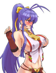 Rule 34 | 1girl, antenna hair, blazblue, blazblue variable heart, blue hair, blush, breasts, covered erect nipples, donburi (donburikazoku), fingerless gloves, genderswap, genderswap (mtf), gloves, groin, highres, lactation, lactation through clothes, large breasts, long hair, mai natsume, midriff, navel, open mouth, pink eyes, ponytail, sideboob, simple background, solo, very long hair, white background