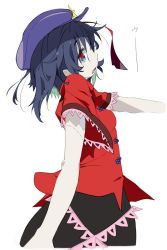 Rule 34 | 1girl, bags under eyes, black hair, hat, highres, jiangshi, looking at viewer, miyako yoshika, ofuda, open mouth, outstretched arm, profile, red eyes, salamander (hop-step), shirt, short hair, short sleeves, simple background, skirt, solo, star (symbol), text focus, touhou, vest, white background