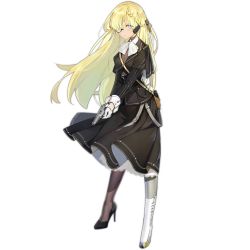 Rule 34 | 1girl, :o, black dress, black footwear, blonde hair, blue eyes, braid, breasts, cz52 (girls&#039; frontline), cz 52, dress, full body, girls&#039; frontline, gloves, gun, hair between eyes, hair ornament, half gloves, handgun, high heels, holding, holding gun, holding weapon, holster, long hair, long sleeves, looking at viewer, mechanical, mechanical legs, mechanical parts, monocle, official art, pantyhose, pistol, prosthesis, shoes, single mechanical leg, solo, standing, transparent background, weapon, xiao chichi