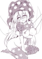 Rule 34 | 1girl, blush, bodypaint, breast hold, breasts, clenched teeth, clownpiece, commentary request, crying, crying with eyes open, fairy wings, greyscale, hair between eyes, hat, head tilt, highres, jester cap, large breasts, looking at viewer, maturiuta sorato, monochrome, navel, nipple pull, nipple stimulation, nipples, nose blush, nude, one-hour drawing challenge, polka dot, put in nipple, simple background, solo, star (symbol), star print, striped, tareme, tears, teeth, touhou, transparent wings, white background, wings