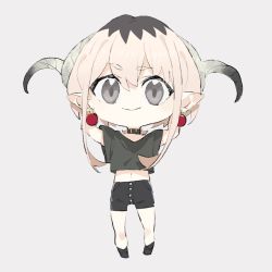 Rule 34 | 1girl, arms behind head, arms up, black collar, black eyes, black footwear, black hair, black shirt, black shorts, chibi, collar, earrings, full body, grey background, highres, horns, jewelry, lily (machi), looking at viewer, machi (wm), midriff, multicolored hair, navel, original, pink hair, pointy ears, shirt, short hair with long locks, short sleeves, shorts, simple background, smile, solo, standing, two-tone hair