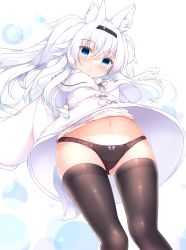 Rule 34 | 1girl, :o, animal ear fluff, animal ears, black hairband, black panties, black thighhighs, blue eyes, blush, bow, bow panties, capelet, commentary request, dress, feet out of frame, from below, fuuna, gluteal fold, groin, hair between eyes, hairband, highres, long hair, long sleeves, looking at viewer, looking down, navel, original, panties, parted lips, puffy long sleeves, puffy sleeves, sleeves past fingers, sleeves past wrists, solo, tail, thighhighs, underwear, very long hair, white capelet, white dress, white hair