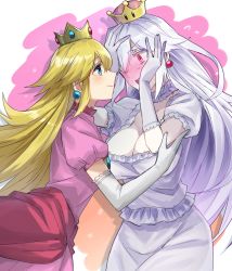 Rule 34 | &gt;:o, 2girls, :o, blonde hair, blue eyes, blush, breasts, c:, choker, cleavage, closed mouth, commentary request, couple, cowboy shot, crown, dress, earrings, elbow gloves, embarrassed, eye contact, female focus, flipped hair, flying sweatdrops, frilled dress, frills, full-face blush, ghost, gloves, gradient background, hair between eyes, hands up, highres, jewelry, large breasts, leaning forward, long dress, long hair, looking at another, luigi&#039;s mansion, mario (series), monster girl, multiple girls, new super mario bros. u deluxe, nintendo, open mouth, pale skin, pink background, pink dress, pink eyes, pink hair, pink lips, princess king boo, princess peach, profile, puffy short sleeves, puffy sleeves, short sleeves, shy, sidelocks, smile, somechime (sometime1209), standing, super crown, surprised, v-shaped eyebrows, very long hair, white choker, white dress, white gloves, white hair, wide-eyed, yuri