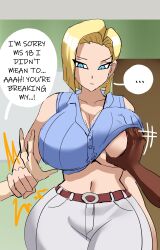 Rule 34 | 1girl, 2boys, absurdres, android 18, blonde hair, blue eyes, breasts, clothes, dark-skinned male, dark skin, dragon ball, dragon ball super, earrings, english text, expressionless, grabbing, grabbing another&#039;s breast, gt18art, highres, huge breasts, interracial, jewelry, looking at viewer, medium hair, multiple boys, netorare, piercing, pov, speech bubble