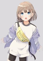 Rule 34 | 1girl, black shorts, blue eyes, blush, brown hair, commentary request, fanny pack, grey background, highres, idolmaster, idolmaster shiny colors, jacket, long sleeves, naribee (nton1263), off shoulder, open clothes, open jacket, open mouth, purple jacket, serizawa asahi, shirt, short shorts, shorts, simple background, sleeves past wrists, solo, standing, teeth, upper teeth only, white shirt