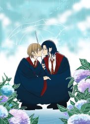 Rule 34 | 2boys, blush, brown hair, closed eyes, closed mouth, collar, earrings, face-to-face, facial scar, harry potter (series), highres, hogwarts school uniform, holding, holding umbrella, jewelry, leaf, looking at another, male focus, medium hair, multiple boys, multiple earrings, necktie, outdoors, parted lips, plant, rain, remus lupin, robe, scar, scar on cheek, scar on face, scar on forehead, school uniform, short hair, sirius black, squatting, striped necktie, striped neckwear, umbrella, uniform, water, wing collar, wizarding world, yaoi