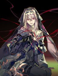 Rule 34 | 1girl, arknights, capelet, commentary, habit, long hair, long sleeves, nun, parted lips, red eyes, rrhnbxg, silver hair, sitting, solo, specter (arknights), symbol-only commentary, thighhighs, turtleneck, very long hair